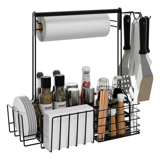 BBQ and Grill Caddy with Paper Towel Holder, Iron Steel Handle & 4 Hooks ? Camper Accessories Condiment Caddy ? Plates, Cutlery and BBQ Organizer for