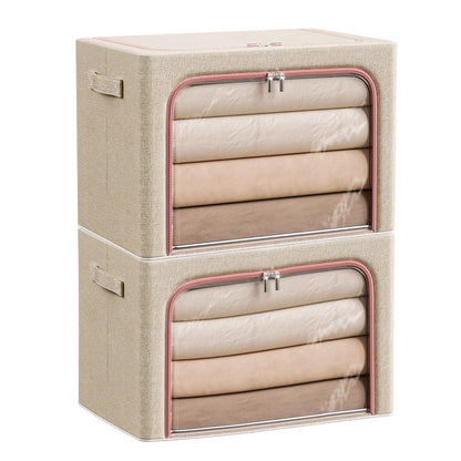 Douzi 2 Pack Clothes Storage Boxes Closet Organizers and Storage, Foldable Cloth Steel Frame Box for Storing Bedding,Blankets-Khaki-66L