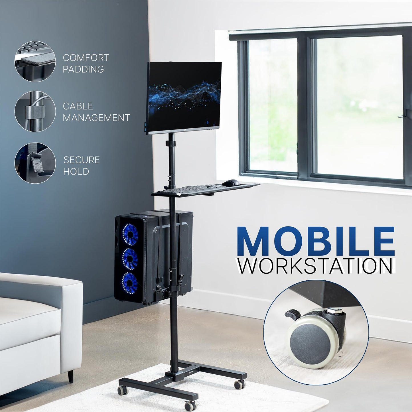 VIVO Black Computer Mobile Cart Rolling Stand | Adjustable Monitor Mount 32" Case Holder & Keyboard Tray Moving Workstation (CART-PC02T)