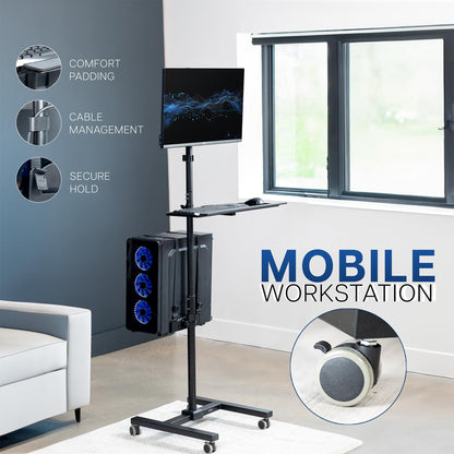VIVO Black Computer Mobile Cart Rolling Stand | Adjustable Monitor Mount 32" Case Holder & Keyboard Tray Moving Workstation (CART-PC02T)