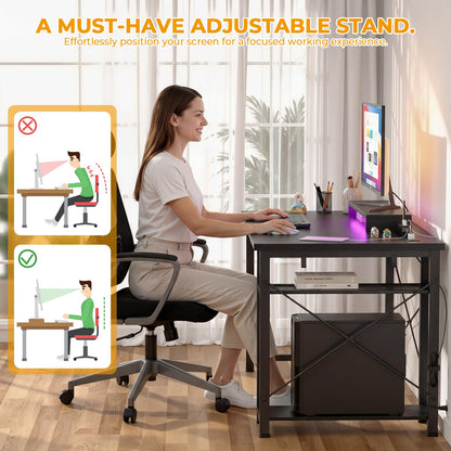 iSunirm 47 inch Gaming Desk with Power Outlets & LED Lights, Black Computer Desk with Ergonomic Monitor Stand