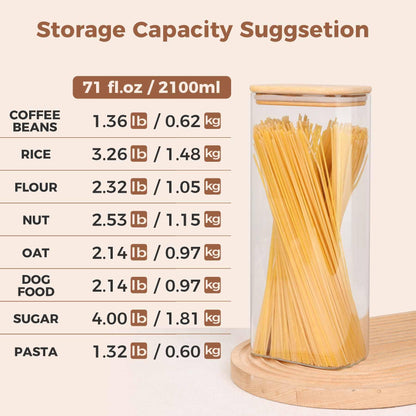 ComSaf 2100ml Rectangle Glass Storage Containers with Lids, Glass Jars with Bamboo Lids, Clear Food Storage Jar, Tall Spaghetti Container, Pantry