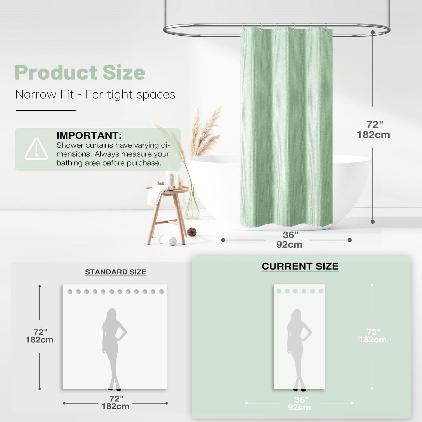 BTTN Narrow Waffle Shower Curtain, Waterproof, 92x182cm, Mint Green
