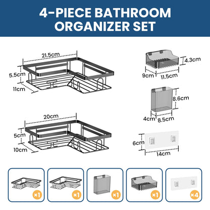 YEAUPE PRO Corner Shower Caddy No Drill, 4 Piece Bathroom Storage Set with 2 Corner Shower Shelves, Toothbrush Holder & Soap Dish
