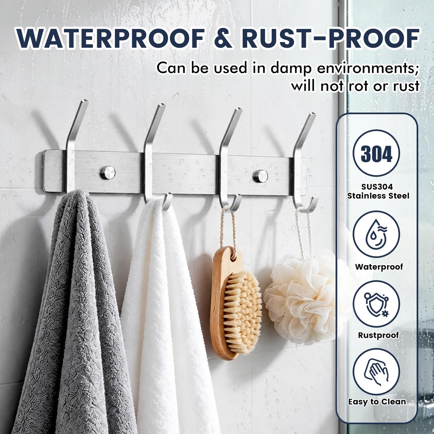 TINIFO Coat Hooks Wall Mounted - Stainless Steel Coat Rack 4 Hook, Silver