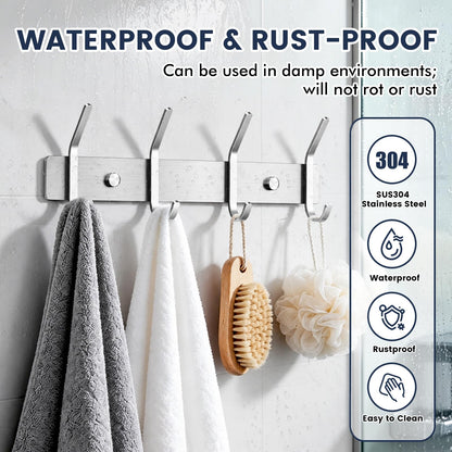 TINIFO Coat Hooks Wall Mounted - Stainless Steel Coat Rack 4 Hook, Silver