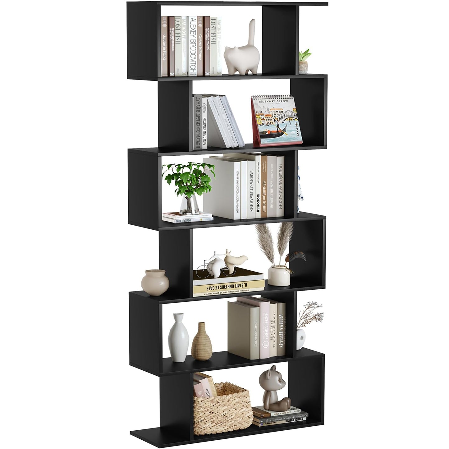 Yusong Bookshelf 6-Tier, Geometric Bookcase S Shaped Book Shelves for Bedroom, Modern Wood Decorative Display Shelf Tall Book Case for Home Office