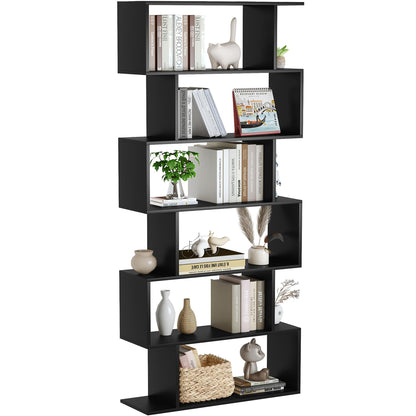 Yusong Bookshelf 6-Tier, Geometric Bookcase S Shaped Book Shelves for Bedroom, Modern Wood Decorative Display Shelf Tall Book Case for Home Office