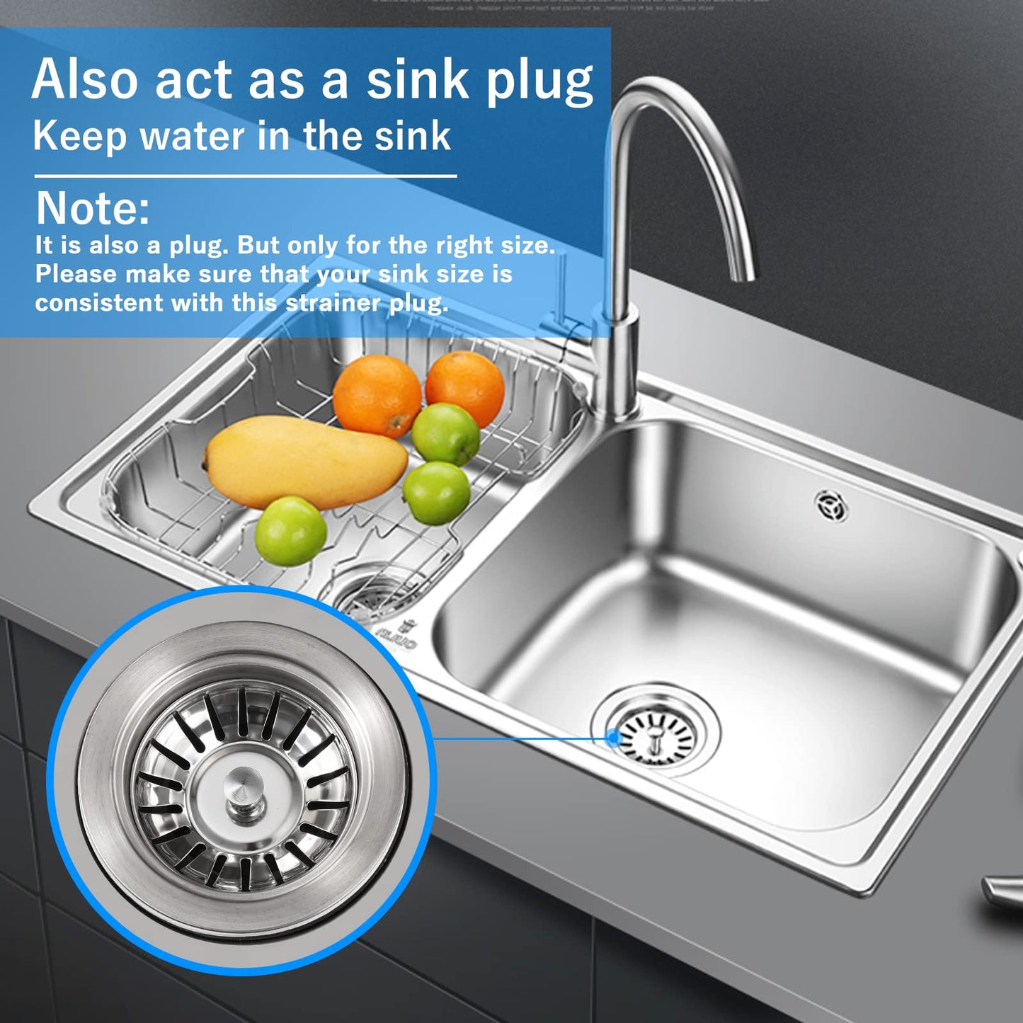 Stainless Steel Kitchen Sink Bowl Strainer and Plug, 80mm Kitchen Sink Plug for Single Double Bowl Use
