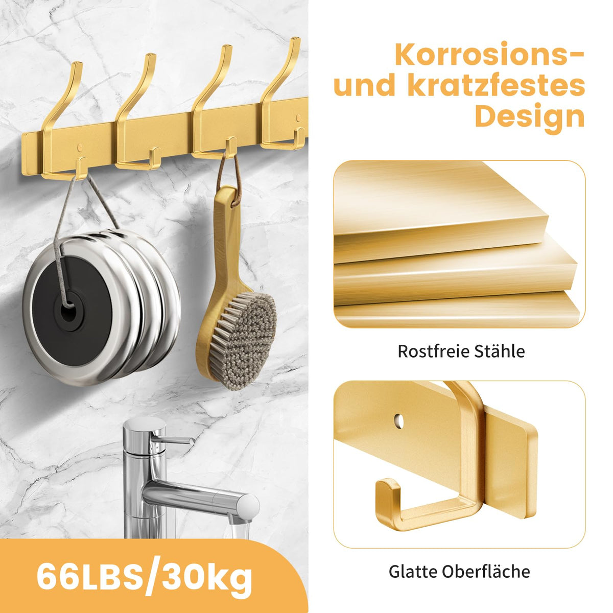 MEIJO Coat Hooks Wall Mounted Stainless Steel, Gold Coat Rack Wall Mounted with 8 Hooks Heavy Duty Coat Hooks for Door, Bathroom, Bedroom, Kitchen