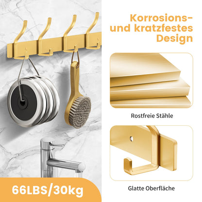 MEIJO Coat Hooks Wall Mounted Stainless Steel, Gold Coat Rack Wall Mounted with 8 Hooks Heavy Duty Coat Hooks for Door, Bathroom, Bedroom, Kitchen