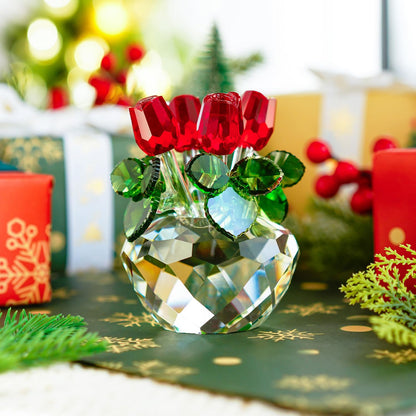 H&D HYALINE & DORA 4.5inch Spring Bouquet Crystal Glass Flowers Red Rose Figurine Ornament Gift-boxed
