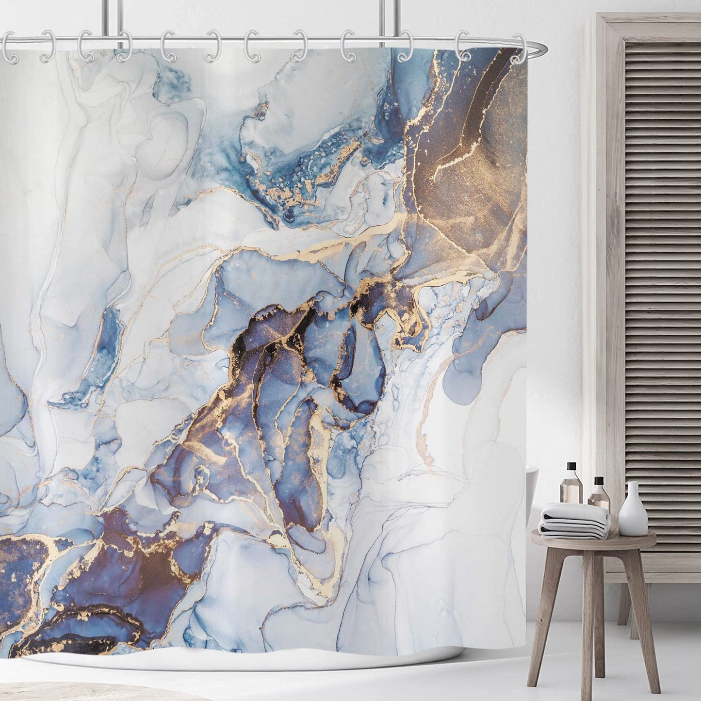 ASDCXZ Marble Shower Curtain 180x180 cm, Modern Abstract Art Blue Gold White Marble Optic Texture Bath Washable Shower Curtains Polyester Textile