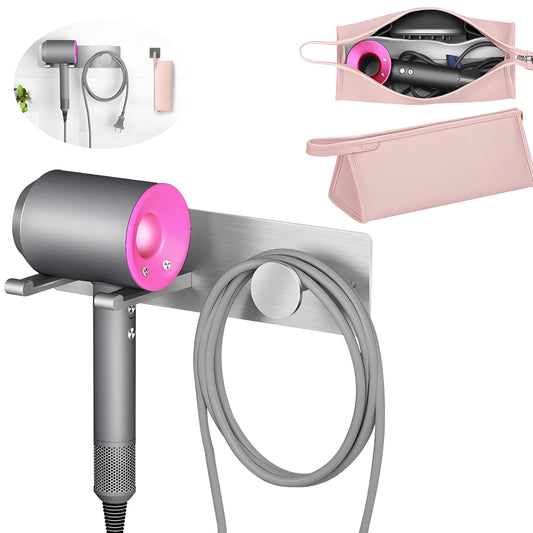 Hair Dryer Holder Wall Mount, Gypie Hair Dryer Stand with Travel Hair Dryer Bag, Hairdryer Storage with Cable Tidy Rack for Dressing Table Bathroom