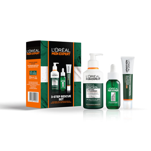 L'Or?al Men Expert 3-Step Rescue Set for Oily & Blemish-Prone Skin, Gift for Him, Dermatologically Tested