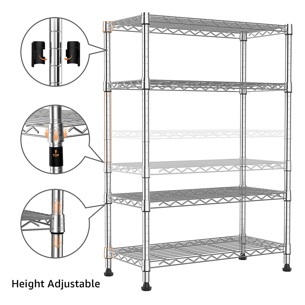 M MZG Height Adjustable Shelves,Heavy Duty Wire Pantry Shelving for Tool Sheds, Garage, and Storehouse,Metal,Chrome 4 tier,35 x 60 x 135.8 cm