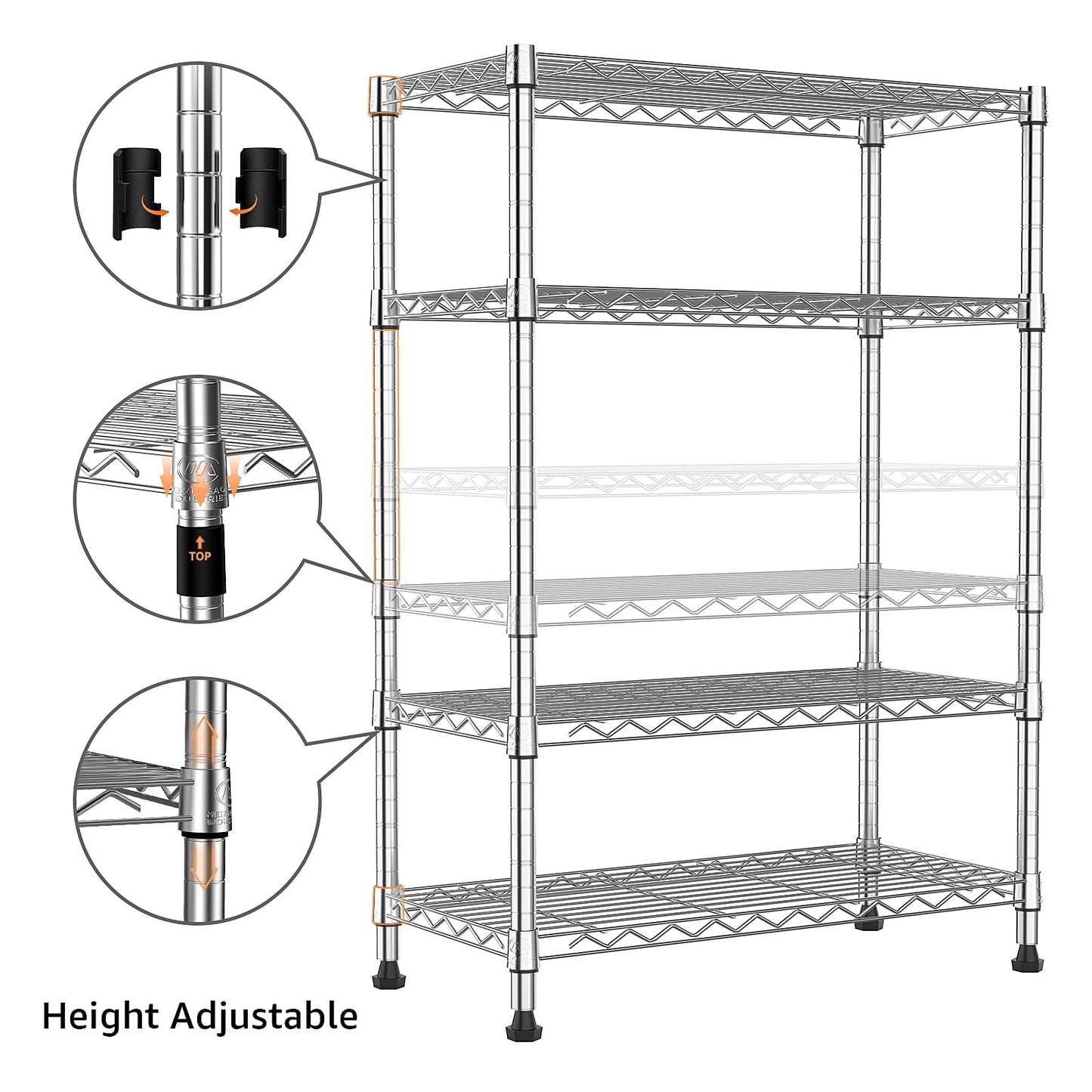 M MZG Height Adjustable Shelves,Heavy Duty Wire Pantry Shelving for Tool Sheds, Garage, and Storehouse,Metal,Chrome,4 tier,35 x 75 x 120 cm