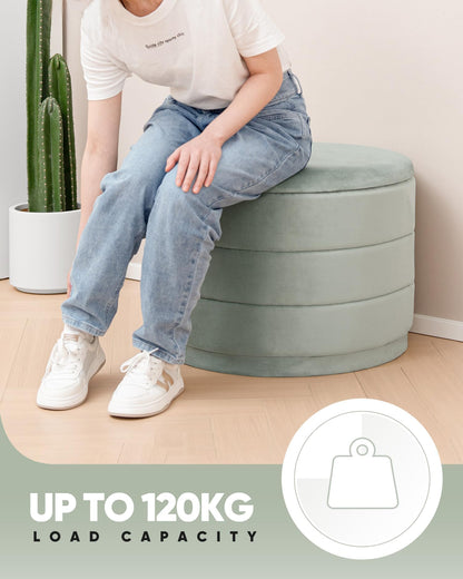 Bonlife Large Storage Ottoman Round - Folding Foot Rest with Hidden Storage, Sage Velvet 58x58x44cm for Living Room, Bedroom & Hallway