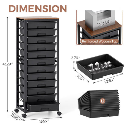 SYKIARIOL 12-Drawer Storage Trolley Rolling Cart with Wooden Top, Black