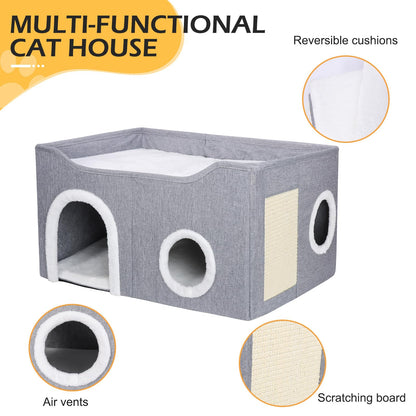GDGZT Cat Bed for Indoor Cats, Foldable Cat House with Cube Cat Beds- Large Soft Cat Cave Bed with Cat Scratching Board, Covered Cat Hideaway for Cat