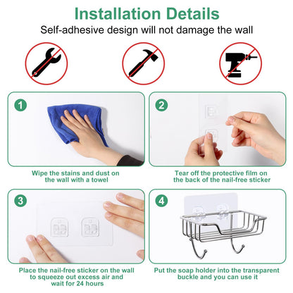 Uten 2 Pcs Strong Self Adhesive Soap Dish, Stainless Steel Soap Holder with Hook No Drilling, Wall Mounted Soap Tray for Shower Bathroom Kitchen
