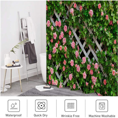 JOOCAR Garden Shower Curtain, Rustic Decor Rosemary Roses Flower on Fence, Waterproof Cloth Fabric Bathroom Decor Set with Hooks