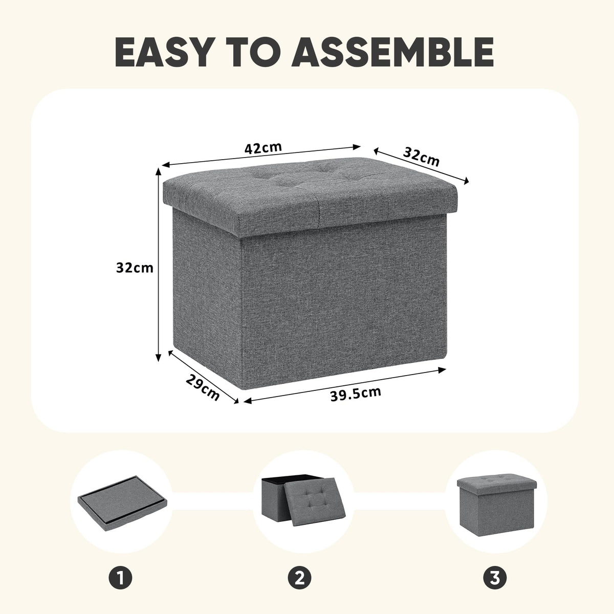 PINPLUS Linen Ottoman Storage Box with Lid, 42x32x32 cm, Grey