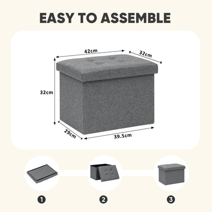 PINPLUS Linen Ottoman Storage Box with Lid, 42x32x32 cm, Grey