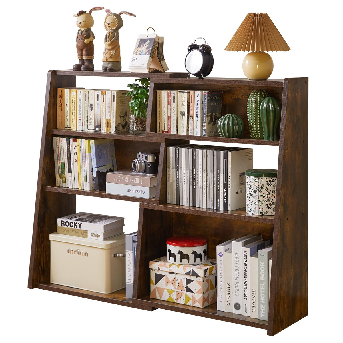 Aibiju Wooden Expandable Bookcase, 3-Tier Ladder Open Storage Bookshelf with 6 Compartments, Freestanding Storage Shelf for Living Room, Home Office