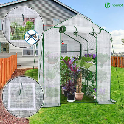 VOUNOT? Walk In Greenhouse with Shelves, Roll up Zip Panel Door Garden Plastic Polytunnels Grow House for Outdoor Use, White 143x215x195cm