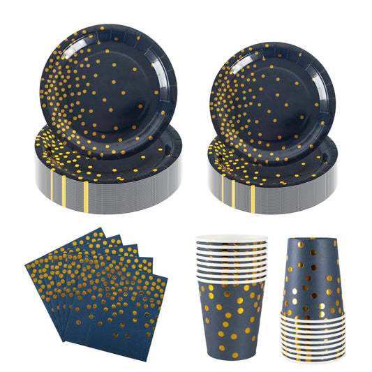 100PCS Navy Blue Party Tableware Set, CEILIWEN Royal Blue and Gold Polka Dot Party Tableware Includes Plates, Napkins, Cups, Blue Gold Party Supplies
