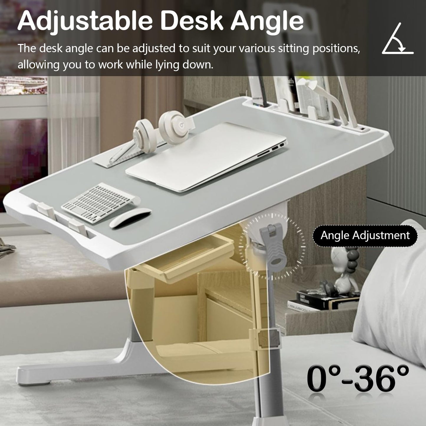 Laptop Table, Bed Tray Table Height-Adjustable Foldable Bedside Tables With Drawer Bookshelf Usb Desk Lamp And Fan Laptop Tables For Bed Sofa Couch