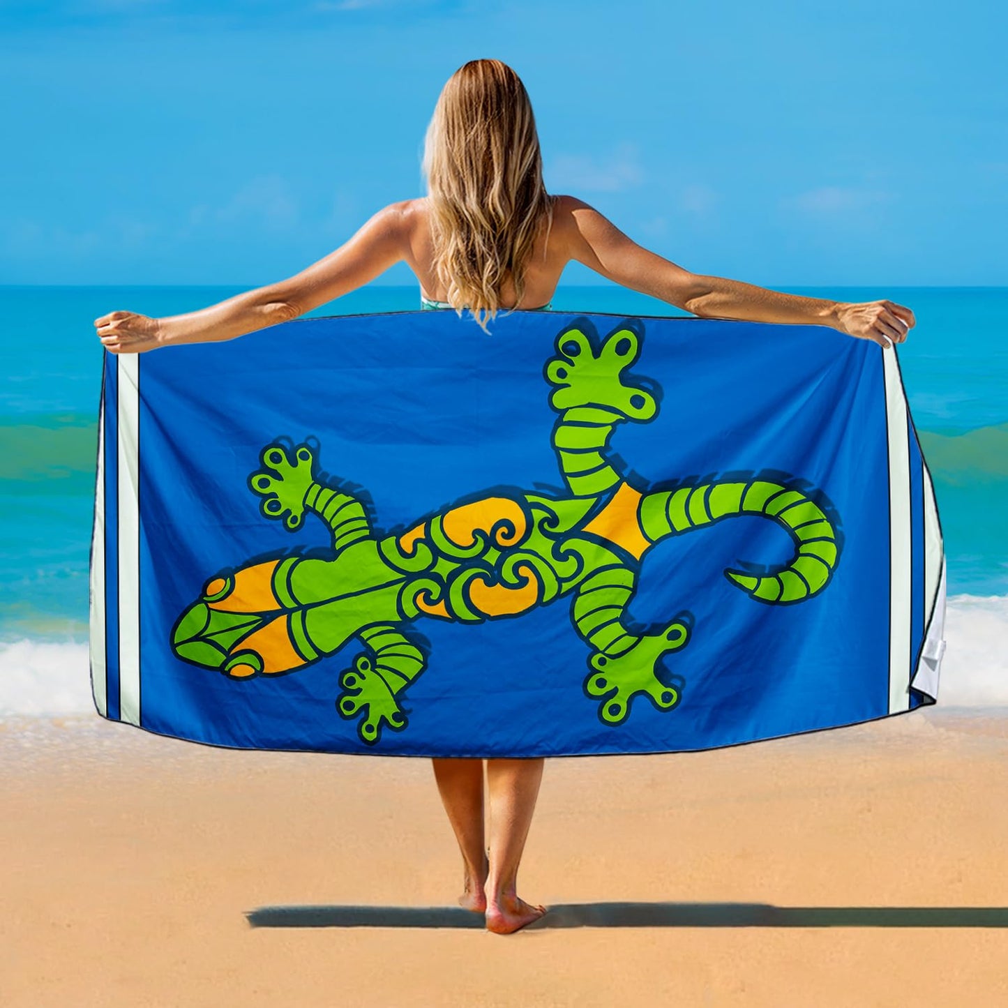 Violetpos Blue Gecko Beach Towel, Extra Large 180x90 cm 250GSM Microfibre, Sand Free Quick Dry