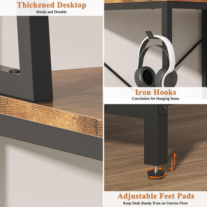 Feonase Industrial-Style Computer Desk with 3-Tier Wall-Mounted Shelf & 3 Fabric Drawers – MDF Desktop for Home Office, Study & Organization