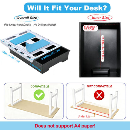 Hi-ERA 10.91"x 8.23" Under Desk Drawer Storage Organizer, Durable PC Material Self-Adhesive with Slide Out Rail