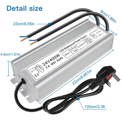inShareplus LED Power Supply, 24V 400W IP67 Waterproof Outdoor Driver, AC 170-265V to DC 24V 16.6A Low Voltage Transformer, Adapter with 3-Prong Plug