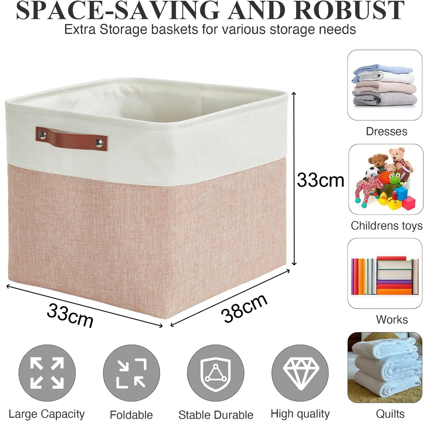 Mangata Collapsible Storage Cube Boxes, 33x38x33CM Linen Woven Fabric Storage Baskets with Leather Handles 3PCS(Pink and White)