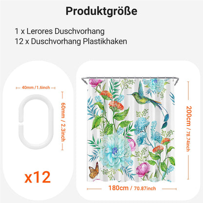 Lerores Shower Curtain, 180 x 200 cm, Flowers, Birds, Weighted Hem, Anti-Mould, Water-Repellent
