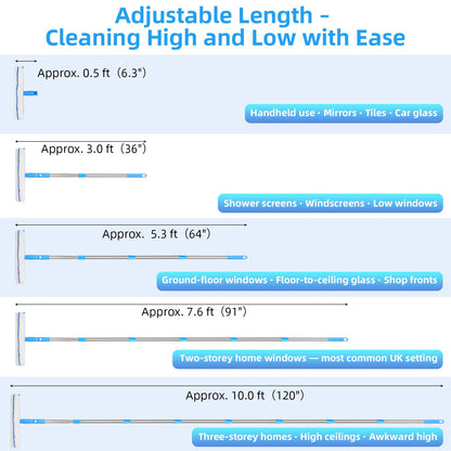 Window Cleaning Equipment with 3m Extension Pole, Squeegee Scrubber Tool