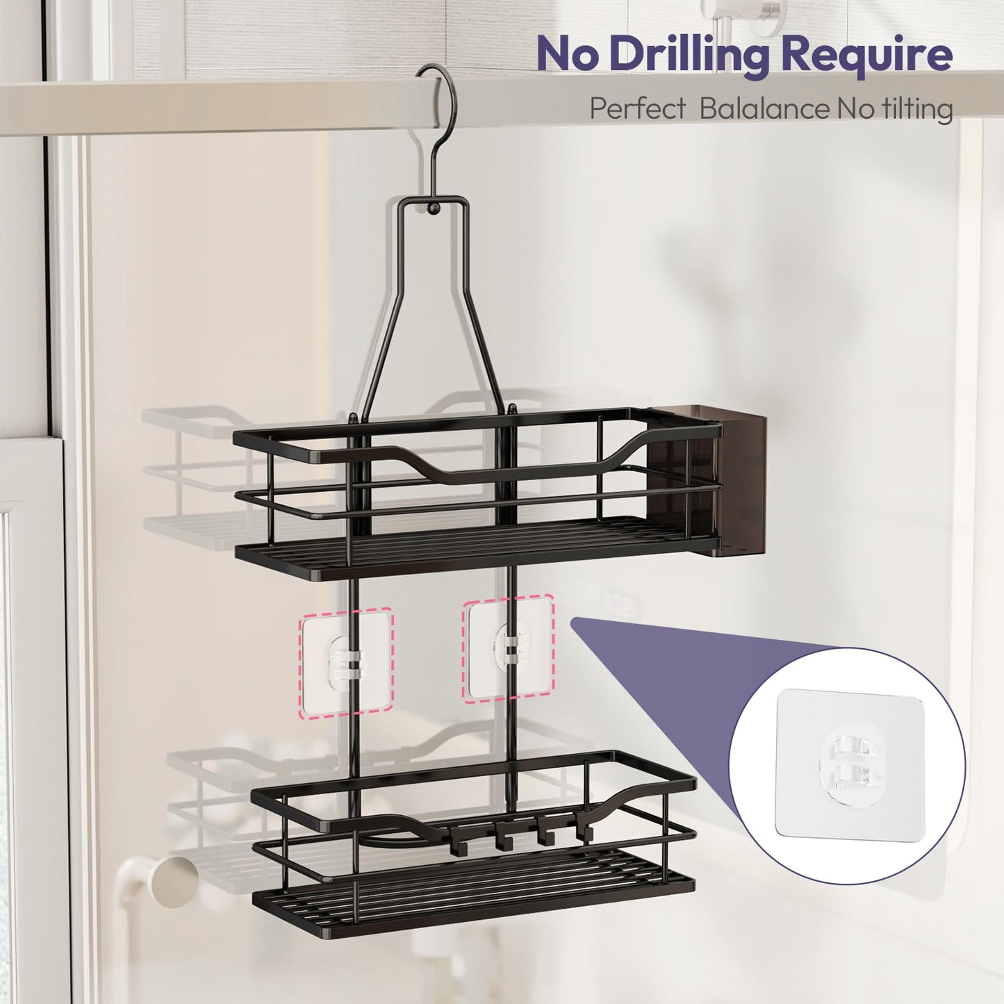 SWTYMIKI Shower Caddy Hanging Organiser-2-Tier No Drill Shower Organiser with 360° Rotating Hook