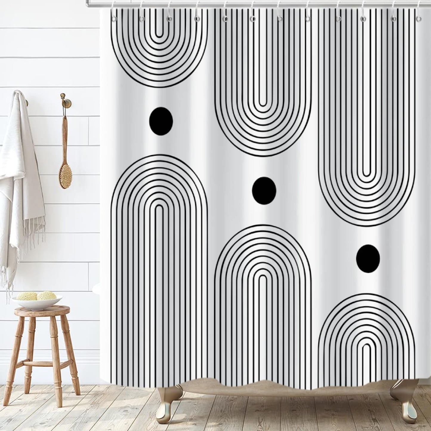 GKLEASG White and Black Shower Curtain, Boho Minimalist Mid Century Modern Arch Geometric Machine Washable Waterproof Fabric for Bathroom Bathtub