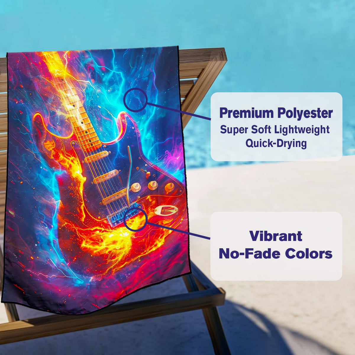 Violetpos Fire Electric Guitar Beach Towel, Extra Large 180x90 cm 250GSM Microfibre, Sand Free Quick Dry