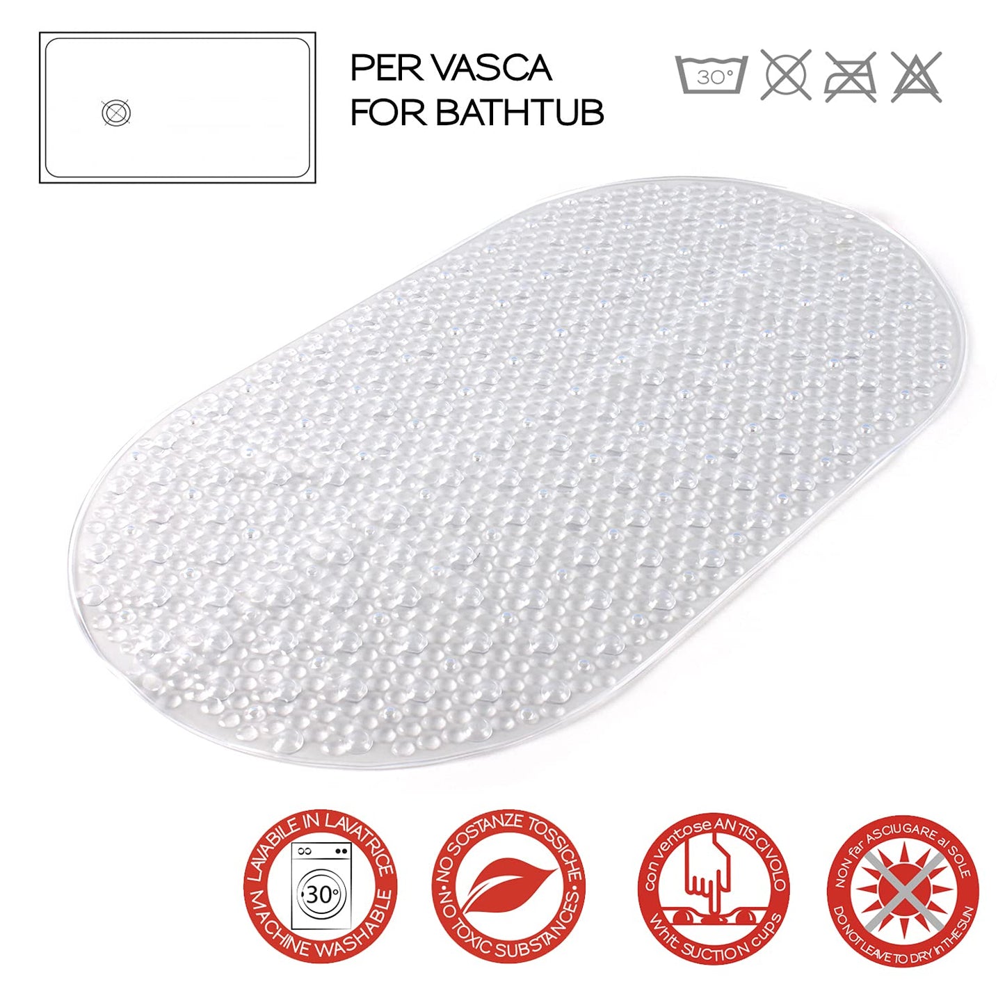 Gedy G-Solid Non-Slip Bath Mat with Suction Cups, Size: 39 x 69 cm, Transparent Finish, R&S Design, 100% Made in Italy, Machine Washable, 2 Years