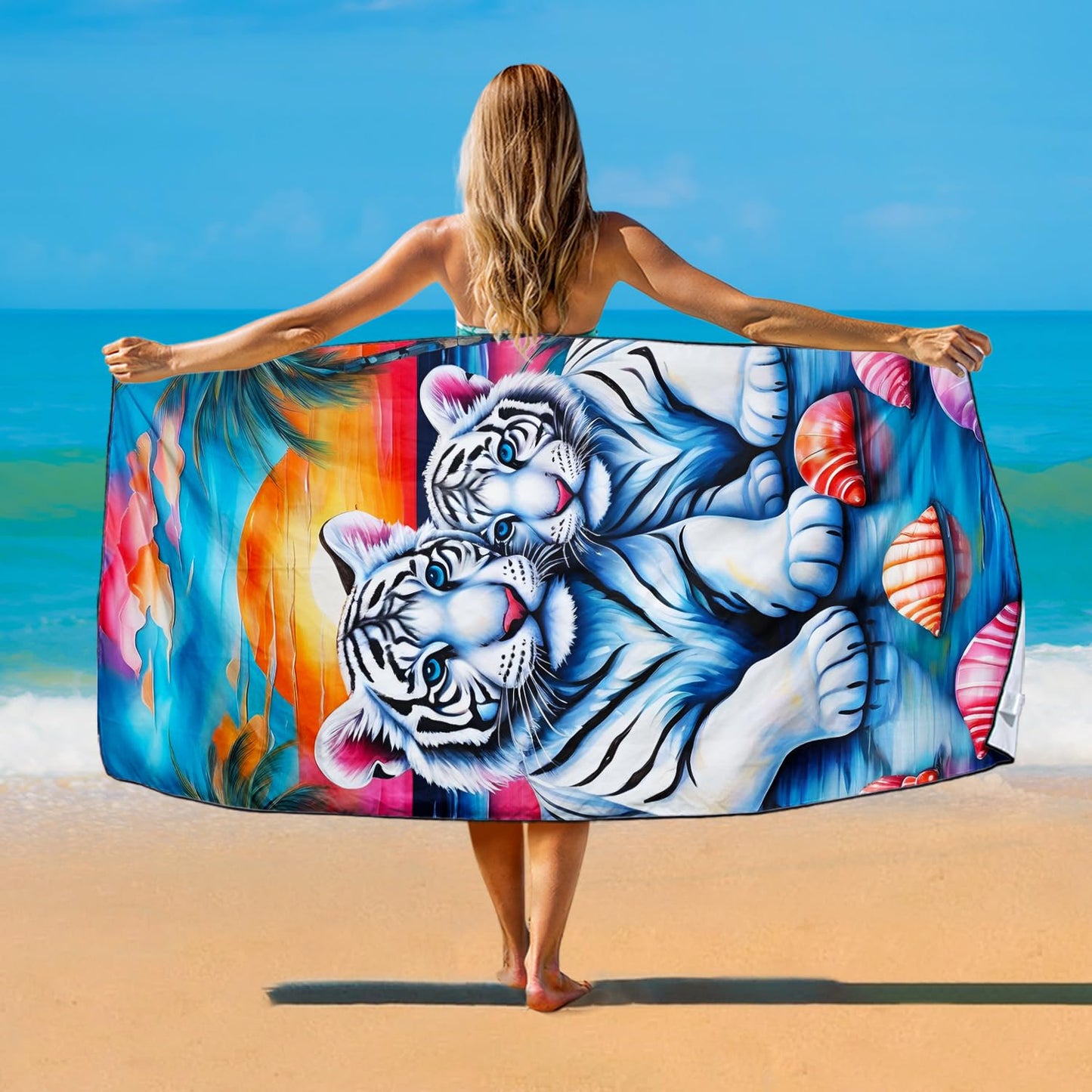 Violetpos White Tiger & Shells Beach Towel, Extra Large 180x90 cm 250GSM Microfibre, Sand Free Quick Dry