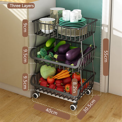 BRIAN & DANY 3 Tier Vegetable Storage Rack, Stackable Fruit Vegetable Stand with Lockable Casters and 5 S-Hooks for Kitchen, Pantry, Bathroom, Garage