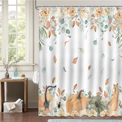 Avezano Autumn Pumpkin Curtain Fall Leaves Harvest Thanksgiving Pumpkin Bathroom Shower Curtain Waterproof Bathtub Curtain Decor with 12 Hooks 72 X