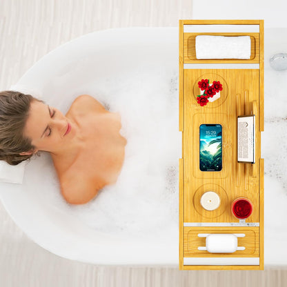 Bathtub Tray Caddy - Bath Tray - Bath Tub Tray Caddy - Bamboo Bath Tray for Tub - Expandable Size, Fits Most Tubs