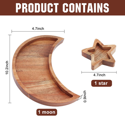 INFUNLY Star+Moon Wooden Crystal Holder Wooden Crystal Organizer Tray Acacia Wood Trinket Dish for Rocks Jewelry Healing Crystals Storage