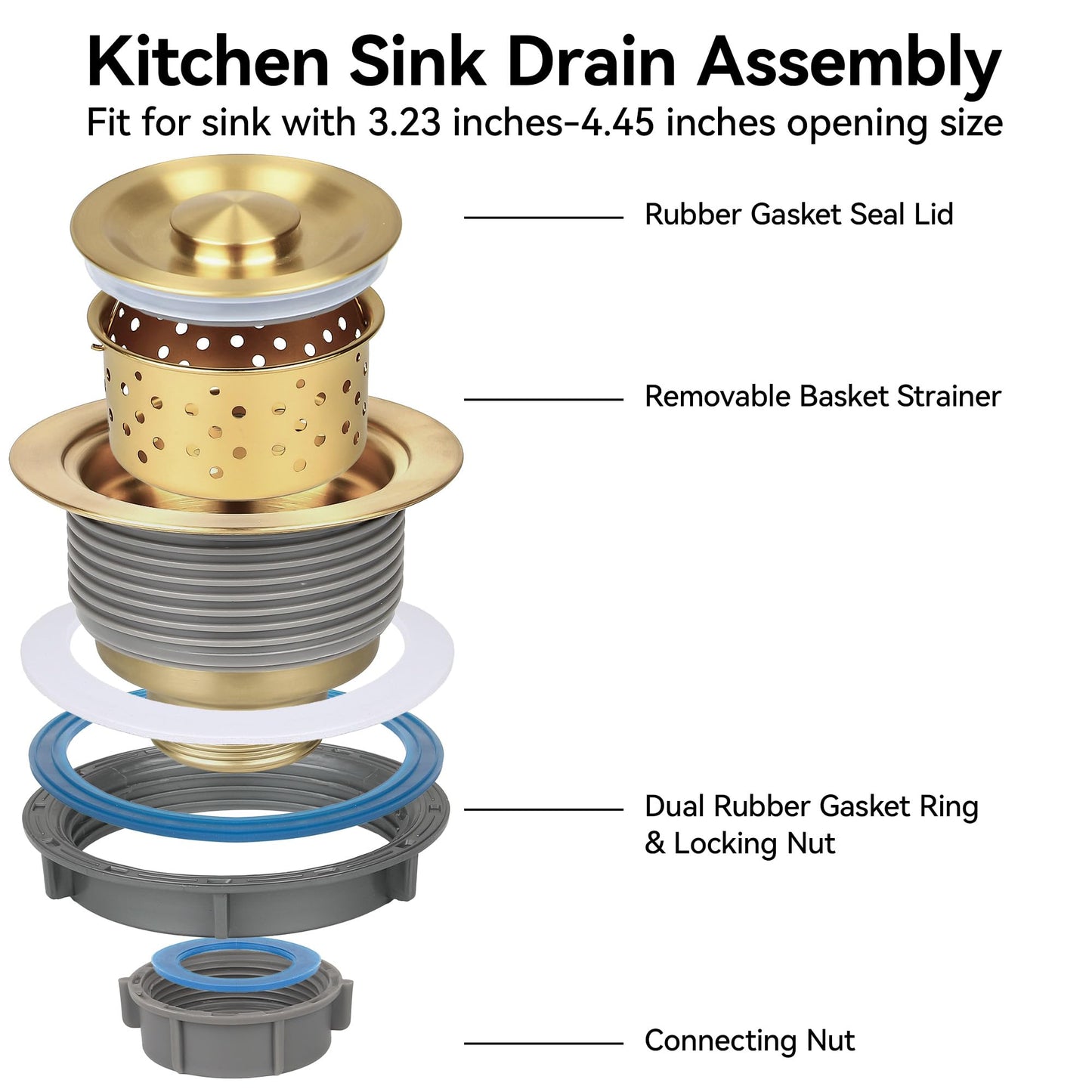 LQS Kitchen Sink Drain Strainer Assembly, Sink Drain 304 Stainless Steel with Removable Deep Waste Basket and Sealing Lid 3-1/2-inch Golden