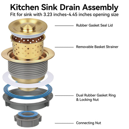 LQS Kitchen Sink Drain Strainer Assembly, Sink Drain 304 Stainless Steel with Removable Deep Waste Basket and Sealing Lid 3-1/2-inch Golden